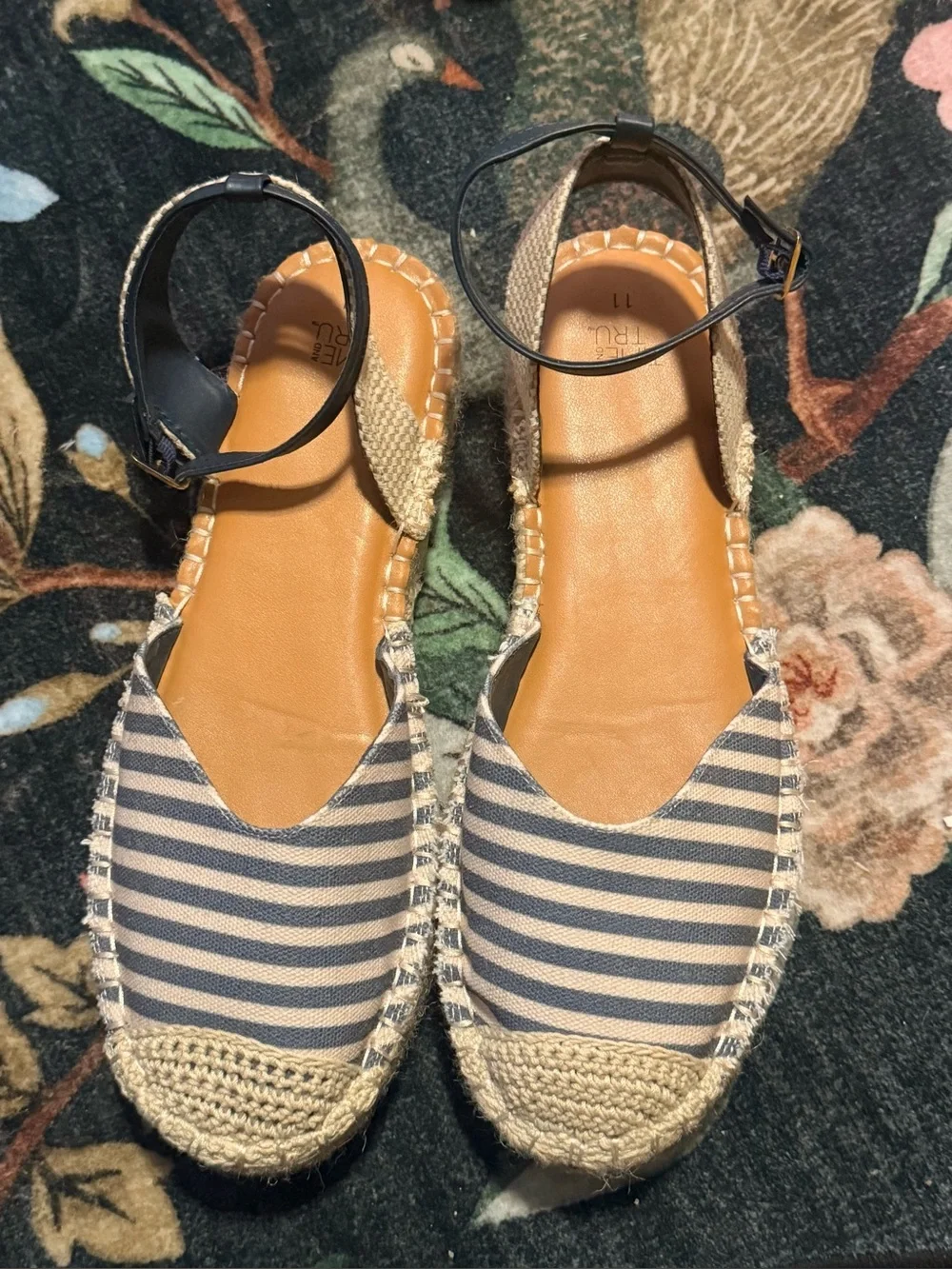 Striped Espadrille Sandals with Ankle Strap - Navy/White